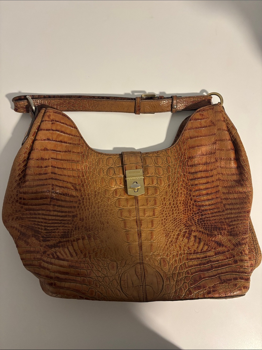 Brahmin Cognac Croc-Embossed Leather Shoulder Bag with Gold Hardware